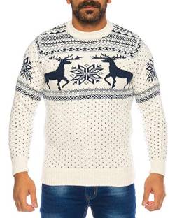 Raff&Taff Herren Strickpullover Sweater Hoodie Wollpullover | M - 5XL | Norweger Island Pullover Weihnachten Winter (Weiß/Blau Hirsch, 3XL) von Raff&Taff