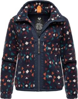 Ragwear Damen Fleecejacke Kurze Teddyfleece-Jacke warm mit Kapuze und Print-Muster Nordicka Aztec Navy Gr. XL von Ragwear