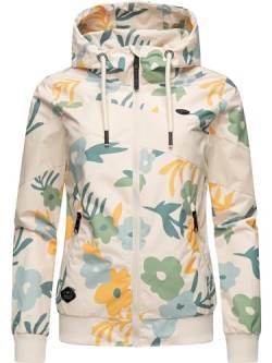 Ragwear leichte Damen Übergangsjacke kurz Bomberjacke mit Allover-Print und Kapuze Nuggie Block Flower Beige Gr. L von Ragwear