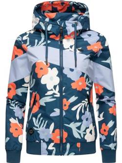 Ragwear leichte Damen Übergangsjacke kurz Bomberjacke mit Allover-Print und Kapuze Nuggie Block Flower Petrol Gr. S von Ragwear