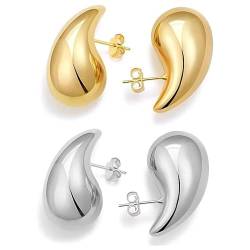 925 Silber Ohrringe Dupes, Chunky Earrings für Damen,Dicke Creolen für Frauen, leichte Waterdrop Hollow Open Hoops, hypoallergene (Gold) von RaiOne