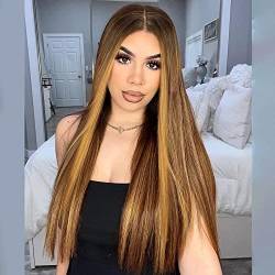 Highlight Synthetic Lace Front Wigs for Women Ombre Brown Straight Synthetic Wigs Glueless Brown mixed Honey Blonde Lace Front Wigs 24Inch (HoneyBlonde) von RainaHair