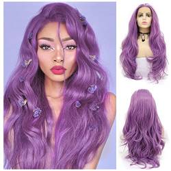 RainaHair Lavendel-Perücken mit Lace-Front-Perücke, gewelltes Kunsthaar, hitzebeständig, natürlicher Haaransatz, lilafarbene Perücken für Mode Frauen, Cosplay-Perücken, 61 cm, lila von RainaHair