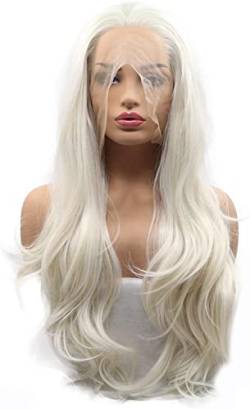 Weißblonde synthetische Lace-Front-Perücke für Frauen, lang, gewellt, realistisch, natürlicher Haaransatz, Platinblond, lockig, synthetische Lace-Front-Perücke, klebefrei, hitzebeständige Faser, Haar von RainaHair