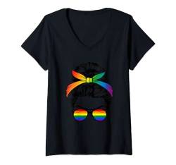 Damen Regenbogen Dutt Schwul Homo Outfit LGBT Gay Homosexualität T-Shirt mit V-Ausschnitt von Rainbow Regenbogen Lesbe Pride LGBTQ Kleidung Mann