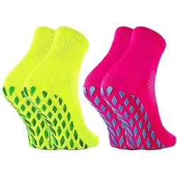 Rainbow Socks - Mädchen Neon Sneaker Sport Brokaten Stoppersocken - 2 Paar - Fuchsia Gelb - Größen 24-29 von Rainbow Socks