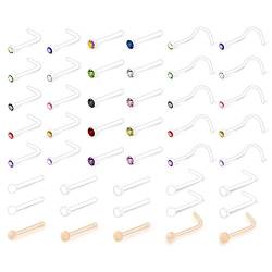 Rajnard 20G Klare Nasenringe Nasenstecker für die Arbeit Kunststoff Nasenpiercing L-förmige Nasenschraube Diamant CZ Flexible Nasenloch-Piercing-Halter für Frauen Männer Hautfarbset von Rajnard