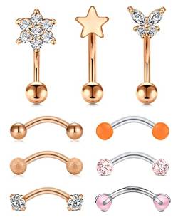 Rajnard 9 Stück Augenbrauenpiercing Rook Piercing Ohrringe 16G 8mm Chirurgenstahl Augenbrauenringe mit Diamant Perle Star Daith Piercing Bauchnabelpiercing von Rajnard