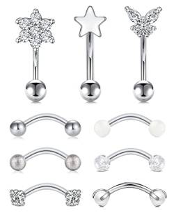 Rajnard 9 Stück Augenbrauenpiercing Rook Piercing Ohrringe 16G 8mm Chirurgenstahl Augenbrauenringe mit Diamant Perle Star Daith Piercing Bauchnabelpiercing von Rajnard