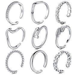 Rajnard Silver Toe Ring Zehenring Fingerringe Gelenkringe OP-Stahl Verstellbarer Bandring Fingerknöchel Fußring Blume Herz Blatt Pfeil Design für Frauen Mädchen 9St von Rajnard