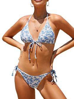 Bikinis Badeanzug Set für Frauen Bademode Triangel Badeanzug Krawatte String Tanga, Weiß/Blaues Blumenmuster, Medium von Rajputana