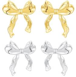 Rajputana Gold Silber Schleifen Ohrringe Set für Damen, Bow Ribbon Stud Earrings Women Jewelry, Golden Silver Schleife Ohrstecker Schmuck Frauen von Rajputana