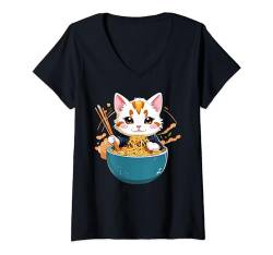 Damen Cat Ramen Noodles Cute Anime Kawaii Neko Japanische Katze T-Shirt mit V-Ausschnitt von Ramen Cat Kawaii Anime Japanese Ajeli