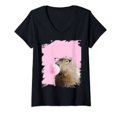 Damen Capybara Kaugummi mit Brille, Pink T-Shirt mit V-Ausschnitt von Random Galaxy