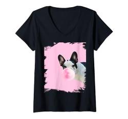 Damen Französische Bulldogge Hund Hunde Frenchie Kauen Pink Bubblegum T-Shirt mit V-Ausschnitt von Random Galaxy