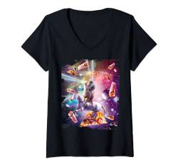 Damen Laser Eyes Space Cat auf Lama Einhorn - Regenbogen T-Shirt mit V-Ausschnitt von Random Galaxy