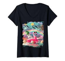 Damen Niedliche Regenbogen-Katze mit Delfin und Flamingo T-Shirt mit V-Ausschnitt von Random Galaxy