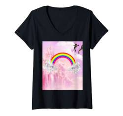 Damen Rosa Wolken Regenbogen T-Shirt mit V-Ausschnitt von Random Galaxy