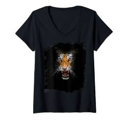 Damen Tiger Face Angry Roaring Schwarz T-Shirt mit V-Ausschnitt von Random Galaxy