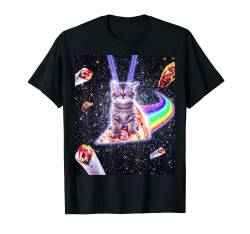 Laser Augen Weltraum Katze Reiten Regenbogen Pizza T-Shirt von Random Galaxy
