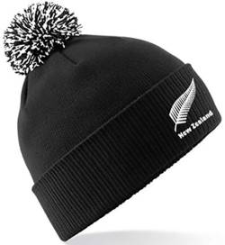 Bestickte Neuseeland-Beanie-Mütze, Pom-Pom, Geschenk, schwarz / weiß, Einheitsgröße von Ranks