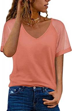 Bluse Damen Sommer Kurzarm Mesh Streifen Manschetten Tshirt Puff Ärmel Oberteile Casual Loose T Shirt V Ausschnitt Solid Shirts Casual Tops Rosa XL von Ranphee