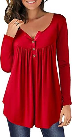 Bluse Langarm Blusen & Tuniken für Damen Knöpfe Blusentops Blumen Tunika Damen Tops Rot L von Ranphee