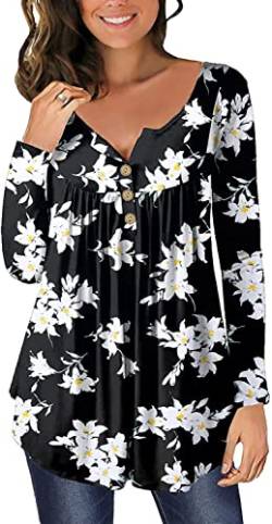 Bluse Langarm Blusen & Tuniken für Damen Knöpfe Blusentops Blumen Tunika Damen Tops Schwarze Lilie 2XL von Ranphee