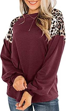 Damen Langarm Leopard Patchwork Bluse Oberteile Rundhals Shirt Langarmshirt Herbst Casual Hemdbluse Tops Burgundisch L von Ranphee