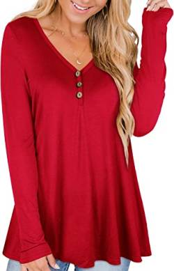 Damen Tunika Shirt Longshirt Langarm Buttons Paisley Blumen Locker Tops Sitzende Oberteile Tuniken Casual Blusen Rot XL von Ranphee