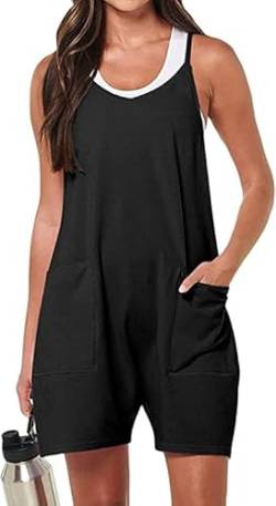 Jumpsuit Damen Sommer Kurz Träger Lässiger Ärmellos Latzhose Einteiler Rompers Elegant V-Ausschnitt Rückenfrei Hosenanzug mit Spagettiträger mit Tasche Overall Schwarz S von Ranphee