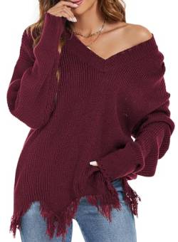 Pullover Damen Strickpullover V-Ausschnitt Elegant Damenpullover Langarm Zerstörte Saum Pulli Winter Sale Grobstrickpullover Warm Casual Gestrickt Sweats Burgunderrot L von Ranphee