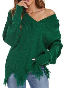 Pullover Damen Strickpullover V-Ausschnitt Elegant Damenpullover Langarm Zerstörte Saum Pulli Winter Sale Grobstrickpullover Warm Casual Gestrickt Sweats Dunkelgrün M von Ranphee