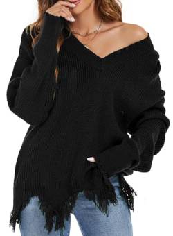 Pullover Damen Strickpullover V-Ausschnitt Elegant Damenpullover Langarm Zerstörte Saum Pulli Winter Sale Grobstrickpullover Warm Casual Gestrickt Sweats Schwarz M von Ranphee