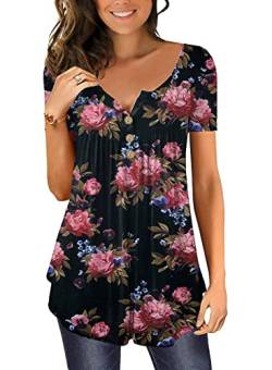 Ranphee T-Shirt Kurzarm Frauen Tunika Knöpfe Blumen Bluse Shirt Für Frauen Top Schwarze Pfingstrose XL von Ranphee