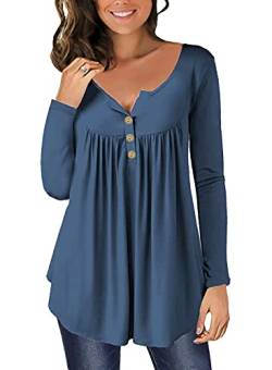 Ranphee Tshirt Trachtenbluse Damen V Ausschnitt Knopfleiste Langarmshirt Festival Outfit Elegant Oversize Shirt Damen Top Bluse Longshirt Oberteile Tunika Blau grau 2XL von Ranphee