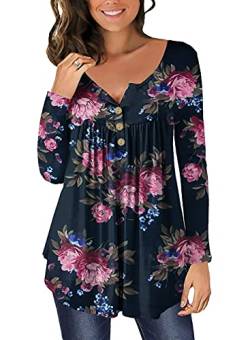 Ranphee Tshirt Trachtenbluse Damen V Ausschnitt Knopfleiste Langarmshirt Festival Outfit Elegant Oversize Shirt Damen Top Bluse Longshirt Oberteile Tunika Blumenschwarz XL von Ranphee