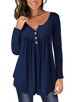 Ranphee Tshirt Trachtenbluse Damen V Ausschnitt Knopfleiste Langarmshirt Festival Outfit Elegant Oversize Shirt Damen Top Bluse Longshirt Oberteile Tunika Navy blau 3XL von Ranphee