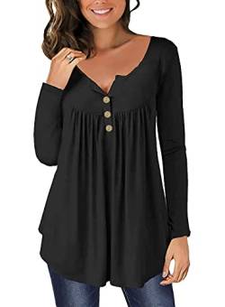 Ranphee Tshirt Trachtenbluse Damen V Ausschnitt Knopfleiste Langarmshirt Festival Outfit Elegant Oversize Shirt Damen Top Bluse Longshirt Oberteile Tunika Schwarz L von Ranphee