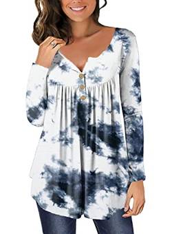 Ranphee Tshirt Trachtenbluse Damen V Ausschnitt Knopfleiste Langarmshirt Festival Outfit Elegant Oversize Shirt Damen Top Bluse Longshirt Oberteile Tunika Tie-Dye 2XL von Ranphee