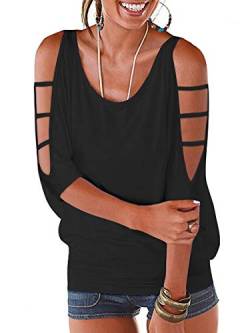 Ranphee Schwarz Schulterfreies Oberteil Damen Top Sommer Sexy Locker 3/4 Arm Fledermausärmel Baumwoll Tshirt T-Shirt Bluse M von Ranphee