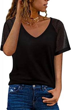 Schwarz Top Damen Sommer Locker Kurzarm Tshirt V-Ausschnitt Baumwoll Basic T-Shirt Bluse Oberteile XL 1X von Ranphee