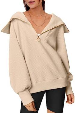 Sweatshirt Damen ohne Kapuze Warm Beige Sweat Pullover mit Reißverschlusskragen Sweatpullover Langes Ballon Ärmel S von Ranphee