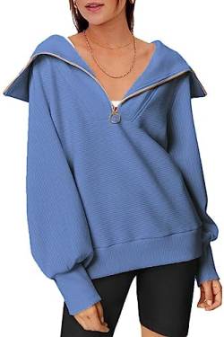 Sweatshirt Damen ohne Kapuze Warm Blau Sweat Pullover mit Reißverschlusskragen Sweatpullover Langes Ballon Ärmel L von Ranphee