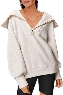 Sweatshirt Damen ohne Kapuze Warm Weiß Sweat Pullover mit Reißverschlusskragen Sweatpullover Langes Ballon Ärmel S von Ranphee