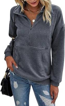 Sweatshirt Damen ohne Kepuze Grau Warm Baumwolle Sweatpullover Langarm Moderne Sweat Frauen Pullover mit Reißverschluss Oberteil L von Ranphee