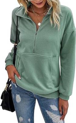 Sweatshirt Damen ohne Kepuze Grün Warm Baumwolle Sweatpullover Langarm Moderne Sweat Frauen Pullover mit Reißverschluss Oberteil M von Ranphee