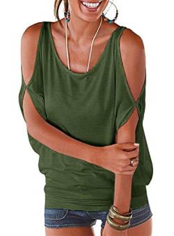 T-Shirt Frau Sommer Chic und elegant Bluse Fledermausärmel Kurzarm Baumwolle Tops Militärgrün M von Ranphee