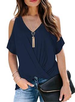 Tshirt Damen Fledermausärmel Kalte Schulter Leichte Weite V-Ausschnitt Twist Front Sommershirt Chic Elegant Schulterfrei Sexy Kurzarm Top Marineblau L von Ranphee