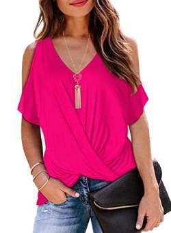 Tshirt Damen Fledermausärmel Kalte Schulter Leichte Weite V-Ausschnitt Twist Front Sommershirt Chic Elegant Schulterfrei Sexy Kurzarm Top Rose L von Ranphee